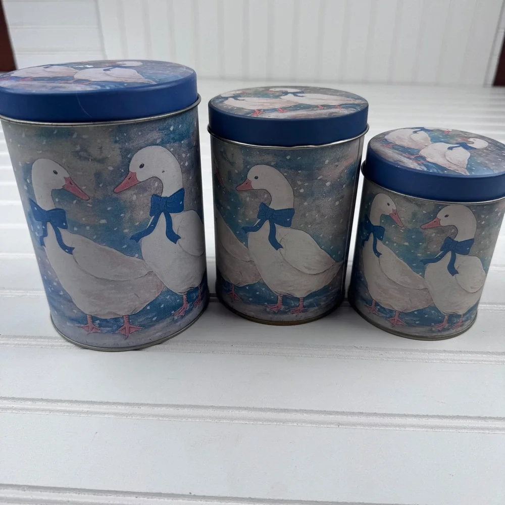 Vintage Set of 3 Round Tin Canisters w Lids Blue White Ducks Geese 1980s